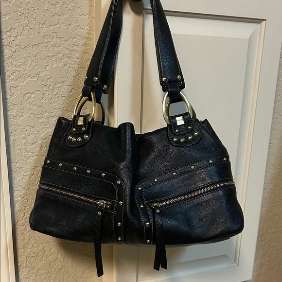 Black Studded Leather Shoulder Bag - Picture 1 of 4